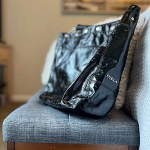 Furla Black Patent Leather Hobo Bucket Tote Shoulder Handbag